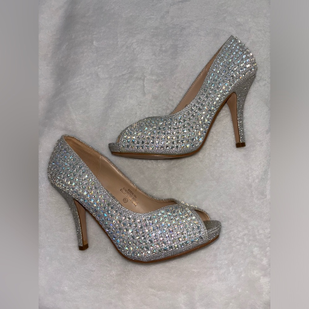 sliver rhinestone heels in size 5.5